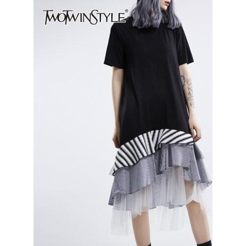 TWOTWINSTYLE Elegant Striped Mesh Patchwork Women Dress O Neck Short Sleeve Asymmetrical Hit Color Dresses Female Fashion Tide