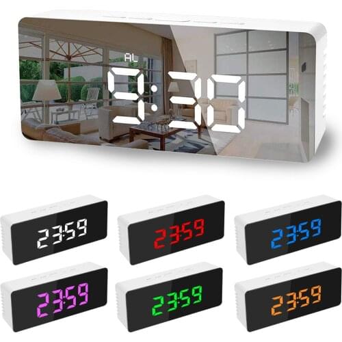 1pc 14x50x3.4cm LED Display Alarm Clock Fuctions Button Digital Mirror Desk Clock Temperature Calendar Snooze Function with USB
