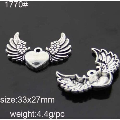 20pcs 33*27mm Alloy Antique Silver Plating Angel Wing With Heart Charms Pendant For Jewelry Making