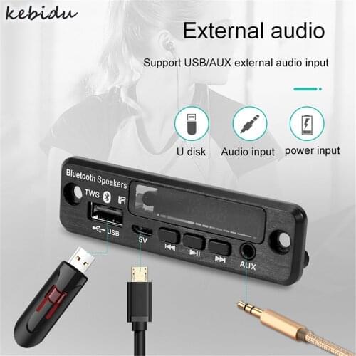 Kebidu Handsfree Car Kit TWS Bluetooth 5.0 APE/MP3 Decoding Decoder Board 5V Wireless FM Radio TF USB 3.5mm AUX Audio MP3 Player
