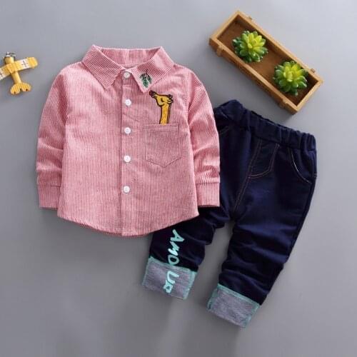Baywell Kids Boy Spring Autumn Clothing Long Sleeved Striped Giraffe Clothes Suit Baby Boys Shirt Tops + Denim Trousers