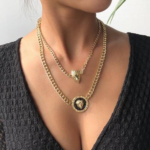 Punk Style Statement Metal Gold Color Chain Necklaces Hip Hop Lion Head With Crown Pendant Necklace For Women Party Rock Jewelry