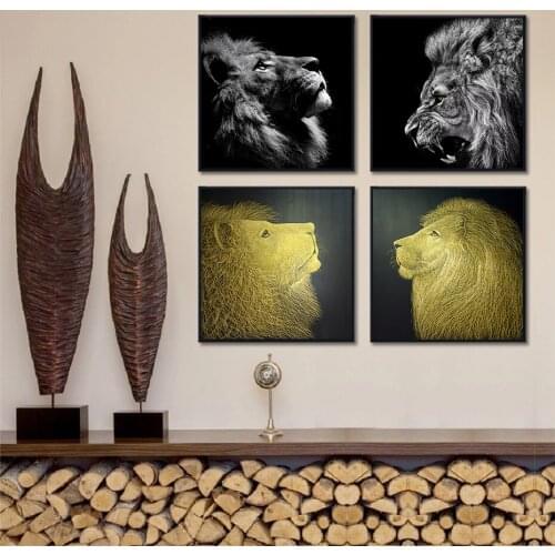 Black and White Golden Animal Lion Pictures Nordic Light Luxury Home Decor Canvas Painting Bedroom Living Room Wall Art Poster