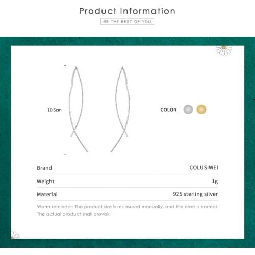 Colusiwei Simple Design 100% Pure 925 Sterling Silver Thin Tube Chain Drop Hanging Earrings for Women OL Style Fashion Jewelry