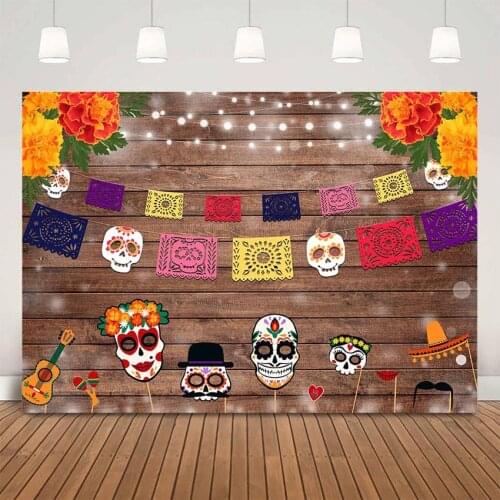 Rustic Wood Wall Photography backdrop Mexican Fiesta Skull Dia DE Los Muertos Dress-Up Party Decoration Fiesta Flag Photo Booth