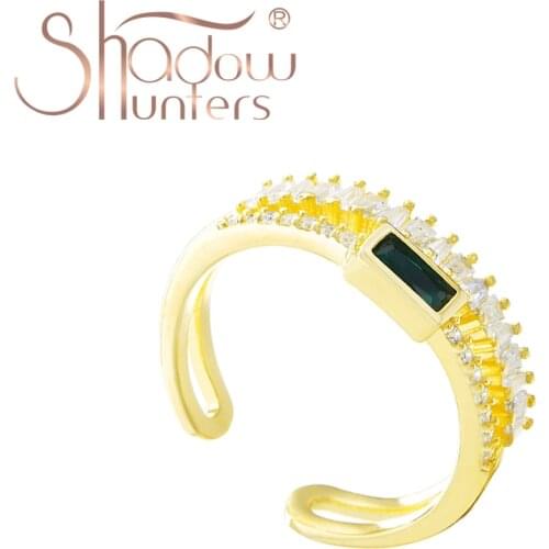 SHADOWHUNTERS Luxury 925 Sterling Silver Adjustable Rings With Dark Green Zircon Gold Color Double Layer Open Ring Women Jewelry