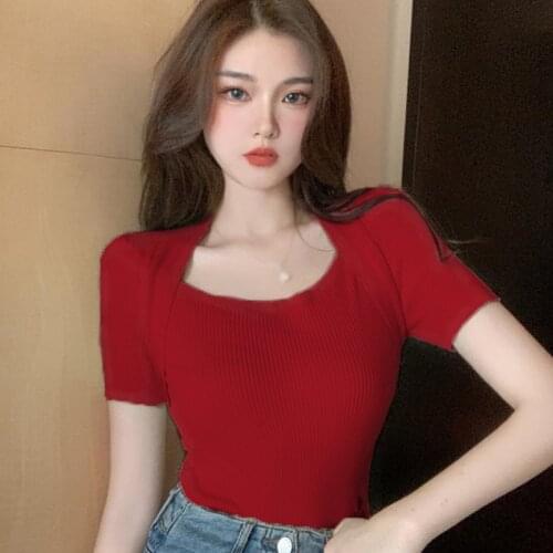 Summer Top Wommen Vintage Ice Silk Square Collar Slim Temperament Show Thin Short-Sleeved Knit Bottom T Shirt