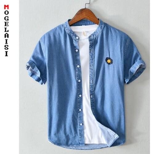 New men Denim shirt summer short sleeve 100% cotton man tops High quality blue casual shirt 557