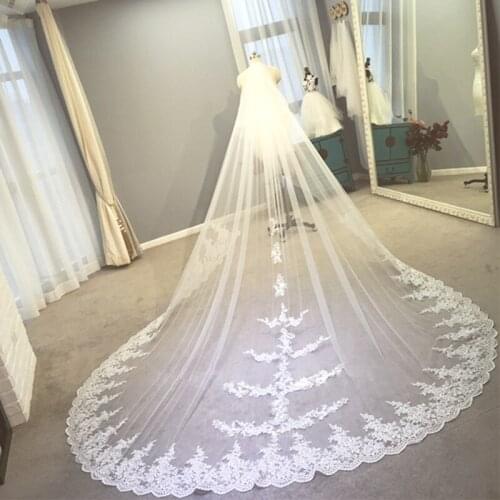 New Elegant Bridal Veils 4 M Long White/Ivory One Layer Beautiful Cathedral Length Lace Edge Wedding Veils With Comb Accessories