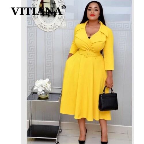 VITIANA Women Long Sleeve Pleated V-Neck Midi Dress Autumn 2020 Female Solid Plus Size Casual Dresses Femme Office OL Vestidos