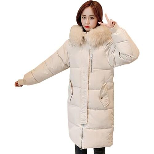 Middle length down cotton padded jacket 2020 winter new loose women parka solid long sleeve zipper hooded fur collar female W46