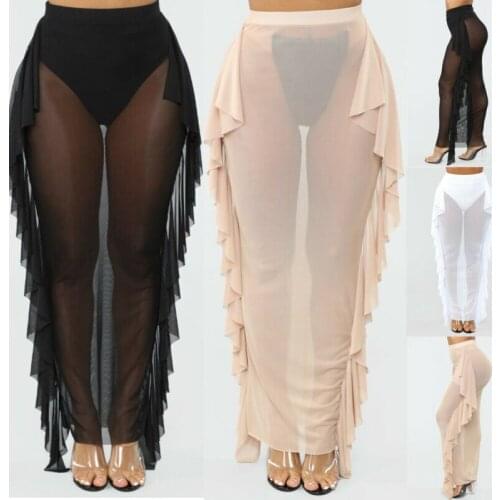Sexy Chiffon Bikini Cover Up Pants Solid Color Perspective Women Swimsuit Cover High Waist Ruffle Beach Bikini Cover Pants