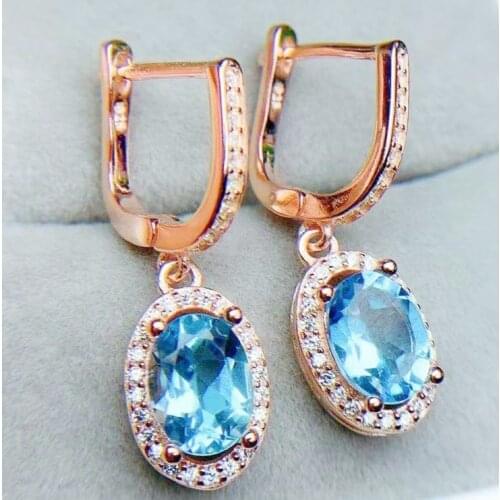 Natural real blue topaz hoop earring Per jewelry 6*8mm 1.6ct*2pcs gemstone 925 sterling silver Fine jewelry T214211