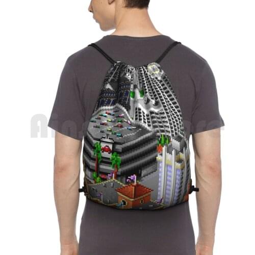 Sim City 2000 / Residential Backpack Drawstring Bag Riding Climbing Gym Bag Sim City Commercial Diagonal Big Building