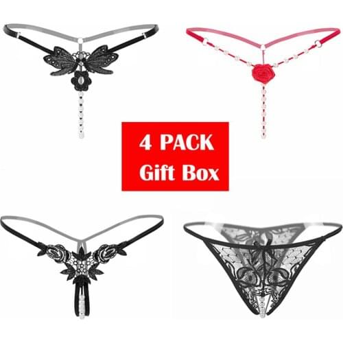 Womens Sexy Pearl Thong Crotchless Floral G-String 4 Styles Pack Bikini Lingerie Gift for Girlfriend