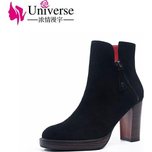 Comfortable Heel Kid Suede Plus Size 34-41 Ankle Boots Zip Universe Handmade Women Winter Boots Black Warm Shoe H189