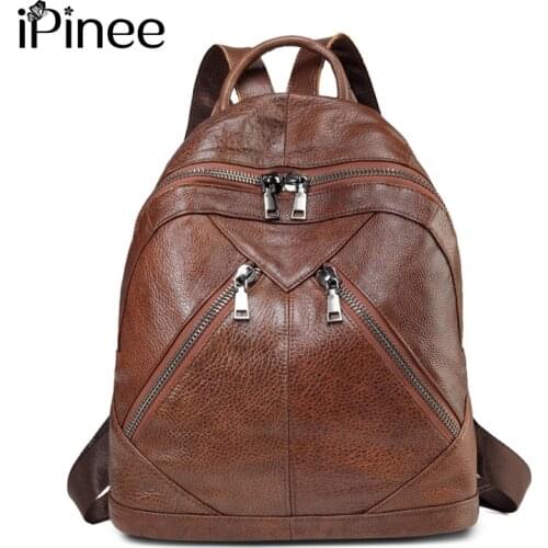 IPinee Vintage Patchwork Real Leather Women Backpacks Travel Shoulder Bags Girl School Pack