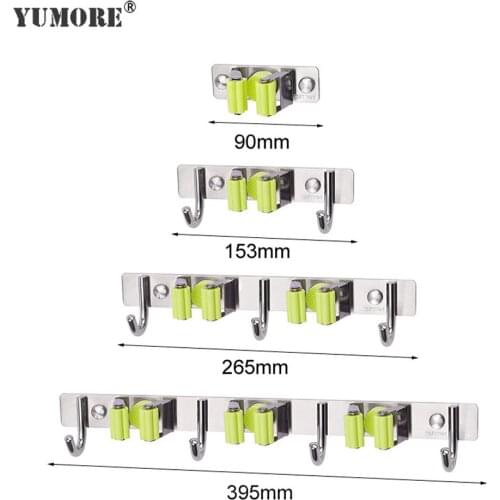 YUMORE Multifunctional Wall Mounted Mop Rack With Hooks 304 Stainless Steel Broom Clip Rack Kitchen Bathroom Wall Hook Hanger