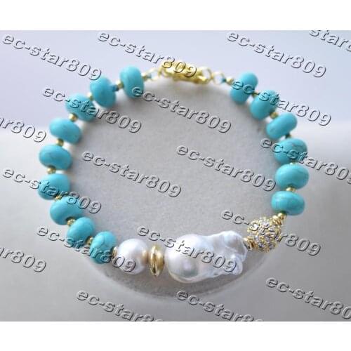 Z11326 8" Rondelle Blue Turquoise White Baroque Keshi Pearl CZ Bead Bracelet Women Fashion Jewelry