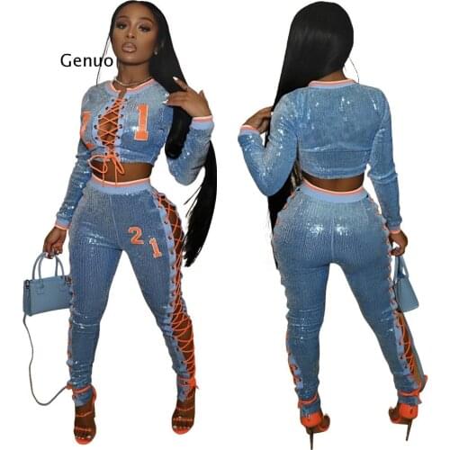 2021 Spring and Autumn Women Long Sleeve Sequined Two Pieces Sets Top and Long Pant Women Suit
