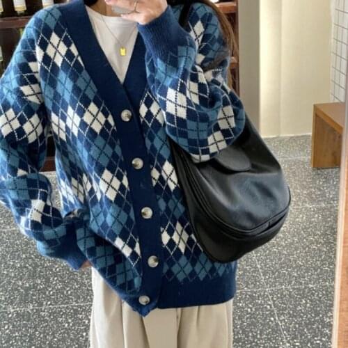 LY VAREY LIN Autumn Winter Women Casual Loose Argyle Single Breasted Knitting Cardigan Lady Vintage Long Sleeve Warm Sweater