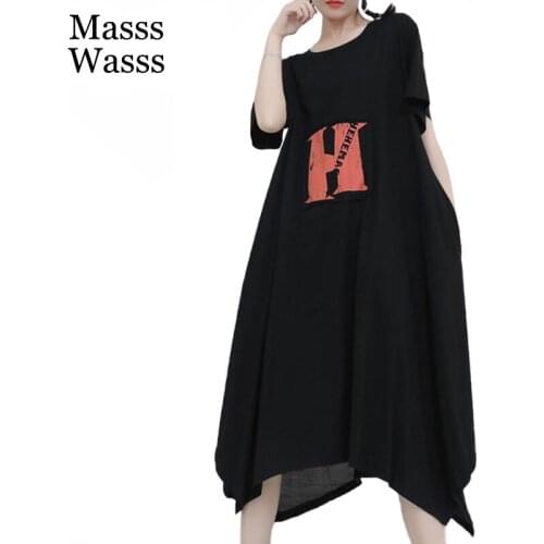 Masss Wasss Summer Fashion 2021 Punk Style Ladies Letter Printed Dresses Women O-Neck Black Vestidos Female Oversized Long Dress