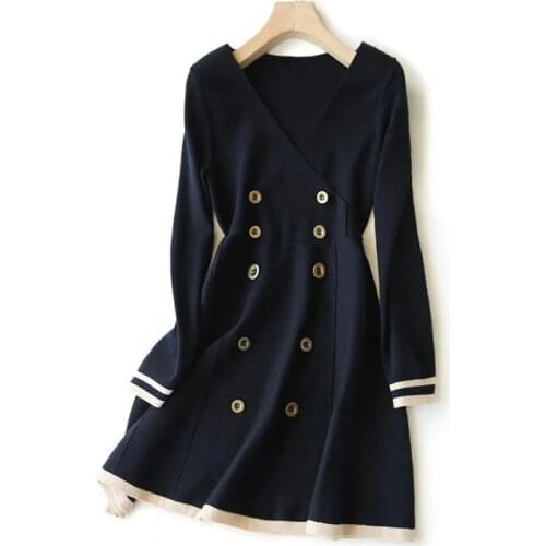 Knitted Long Sleeve A Word Dress Women 2021 New Autumn Korean Elegant Fall Winter Button V Neck Sweater Mini Ribbed Dress LU2162