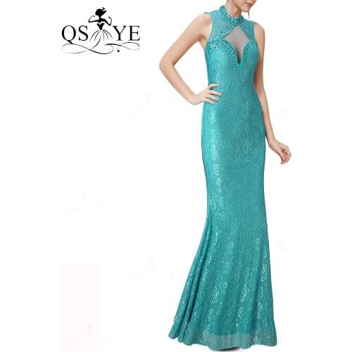 Stretch Lace Blue Evening Dress High Neck Mermaid Party Dress Open Low Back Formal Dress Beaded Crystals Women Long Gown