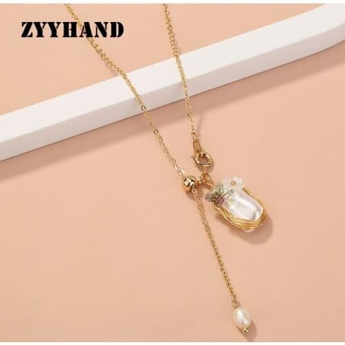 ZYYHAND Luxury Natural Baroque Pearl Gold-Color Romantic Cross Chain Transparent Butterfly Flower Women Party Pendant Necklace