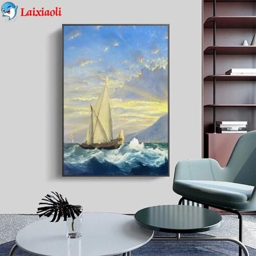 DIY Diamond Painting Abstract art, sailboat on the sea at sunset Full Square Diamond sale Cross Stitch sets Mosaic Handmade Gift