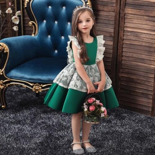 Little Girls Satin Princess Dress Fashion Wild Flying Sleeve Lace Tutu Dress Wedding Flower Girl Dress
