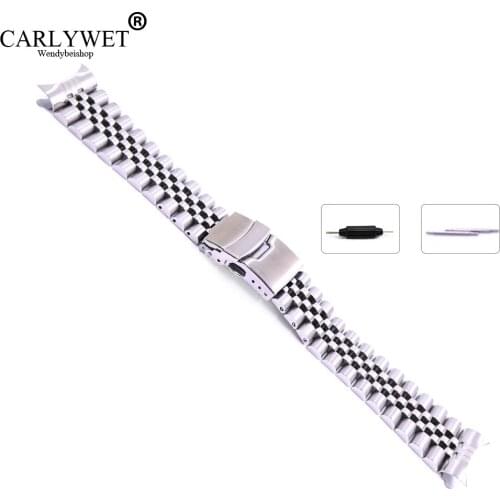 22mm Hollow Curved End Solid Screw Links Stainless Steel Silver Watch Band Strap Old Style Jubilee Bracelet Double Push Clasp