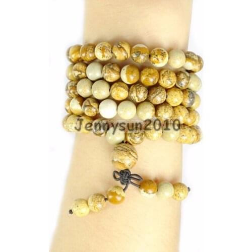 Natural Picture Jas-per 8mm Gem Stone Buddhist 108 Beads Prayer Mala Multi-Purpose Stretchy Bracelet Necklace 2Strands/Pack