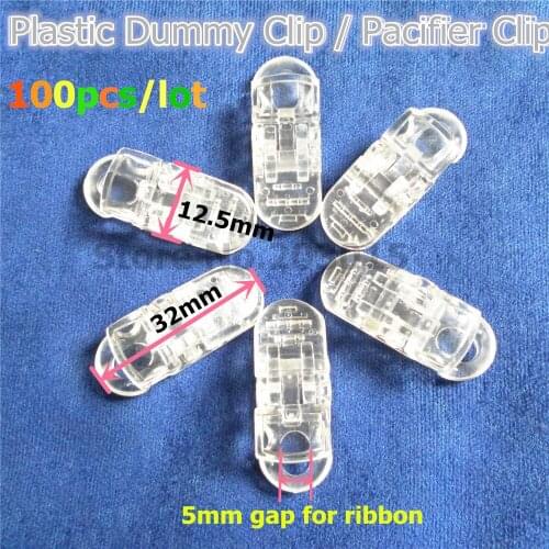 Chenkai 100pcs Clear Plastic Pacifier Dummy Clips DIY Transparent Alligator Baby suspender Lanyard Chain Holder Toy Clip