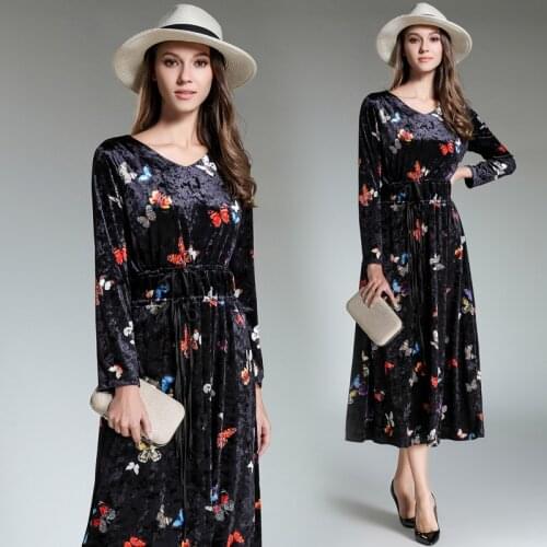 Long Sleeve V Neck Print Butterfly Velvet Black A Line Print Flower Dress Vintage Slim With Drawstring 2020 Winter Party Dresses