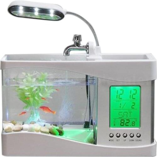 Home Aquarium Small Fish Tank USB LCD Desktop Lamp Light LED Clock White