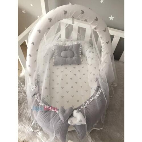 Jaju Baby Handmade, Gray Waffle Pique Fabric Micky Design Pompom Toy Apparatus and Tulle Babynest Set