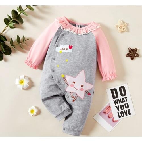 PatPat Baby Girl Cartoon Star and Letter Print Ruffle Collar Long-sleeve Cotton Jumpsuit