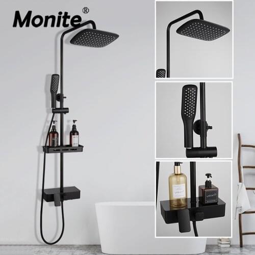 Monite Matte Black Bathroom Shower Faucet Wall Mounted Rainfall Spray Rectangle Shower Head Adjustable Hand Shower Set w/ Shelf