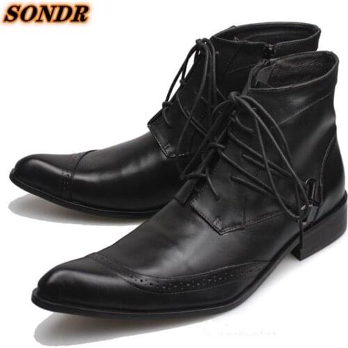 High Quality Mens Shoes Autumn Winter Black Genuine Leather Ankle Lace Up Dress Boots Men Pointed Toe Shoes Military Boots