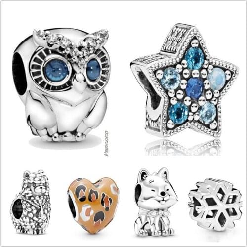 Original 925 Sterling Silver Blue Eyes Eyebrows Sparkling Owl Charm Beads Fit Pandora Bracelet & Necklace Jewelry
