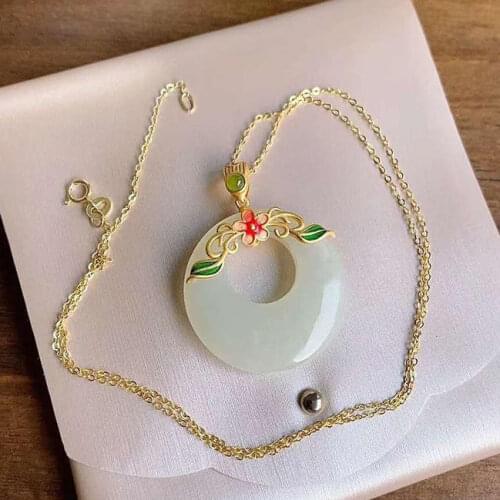 Peace Buckle Necklace Womens Antique Sterling Silver Gilding Enamel HANAFUJI Jade Pendant for Women to Give Mom Gift Jewelry