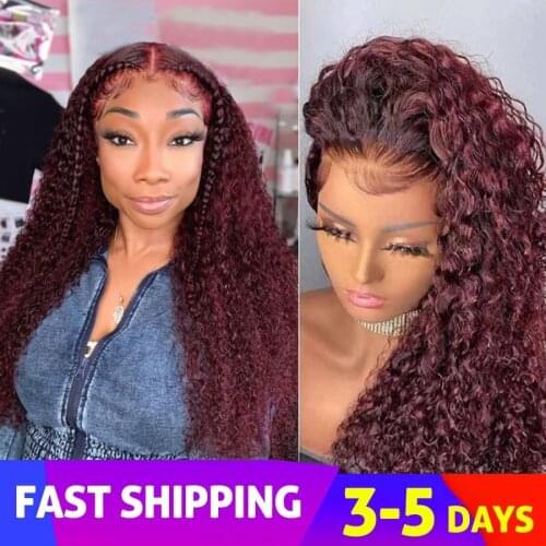 Beeos Curly Dark Red Brazilian 13*6 Lace Front Human Hair Wigs 99J Burgundy Colored Bleached Knots Pre Plucked Hair Line