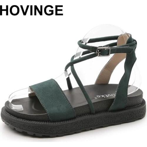 HOVINGE Women Soft Leather Sandals Summer Shoes Lady Flat Large Size Gladiator Platform Casual Sandals Beach Wedge Thong Sandali