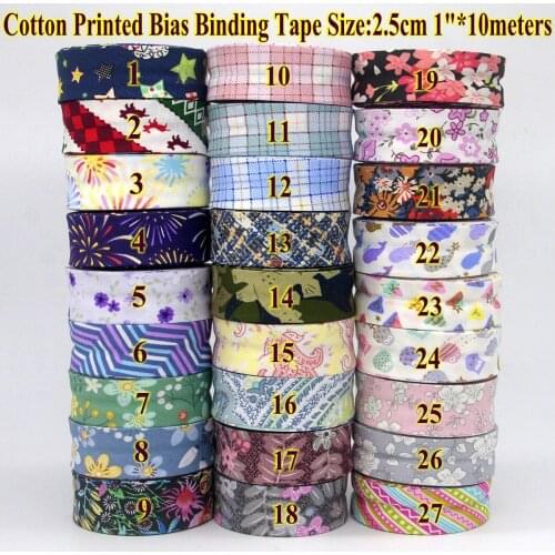New Cotton Printed Bias Binding Tape Size 25mm 2.5cm 1" 10meters Fold Bias Tape homework House cloth making DIY handmade ribbon