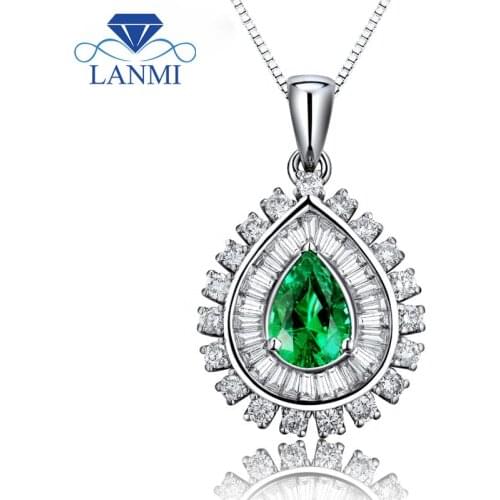 Pear 5x7mm Solid 18Kt White Gold Emerald Wedding Pendant Baguette Diamond Design Engagement Gemstone Jewelry for Wife