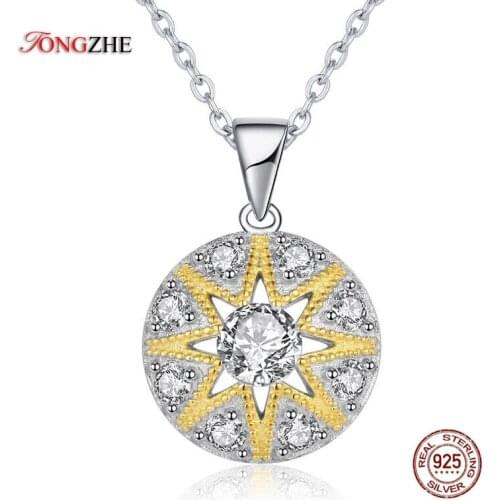 TONGZHE Genuine 100% 925 Sterling Silver Pendant Necklaces CZ Shinning Sun Star White Gold Color Secrets for Women Jewelry Gift