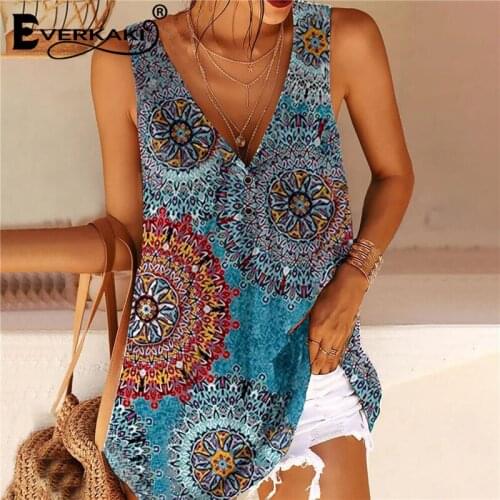 Everkaki Top Women T-shirts Summer Beach Vacation Sleeveless Tees Boho Floral Print Plus Size T-shirt Chic Tank Tops Female 2021