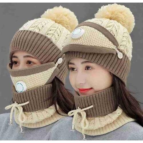 Windproof Hat Winter womens Mask Hat For Girls Scarf Thick Warm Knitted Hat Scarf Mask Set 3pcs Winter Riding Fashion Hats