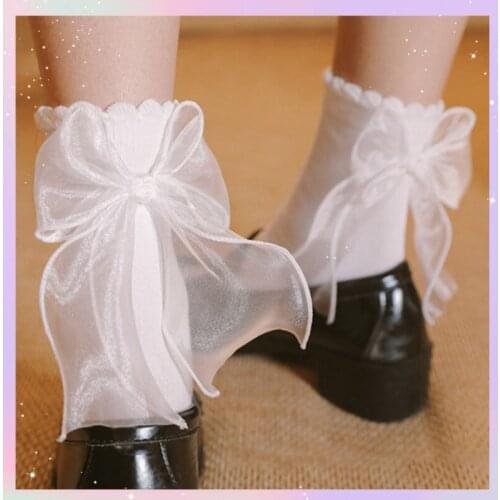 Japanese Jk Uniform Socks Net Yarn Ribbon Big Bow Bubble Lace Middle Tube Cotton Socks Princess Lolita Socks